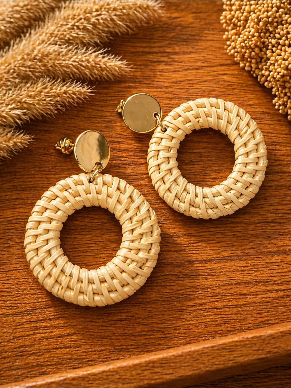 Gold-Top Natural Woven Hoop Earrings